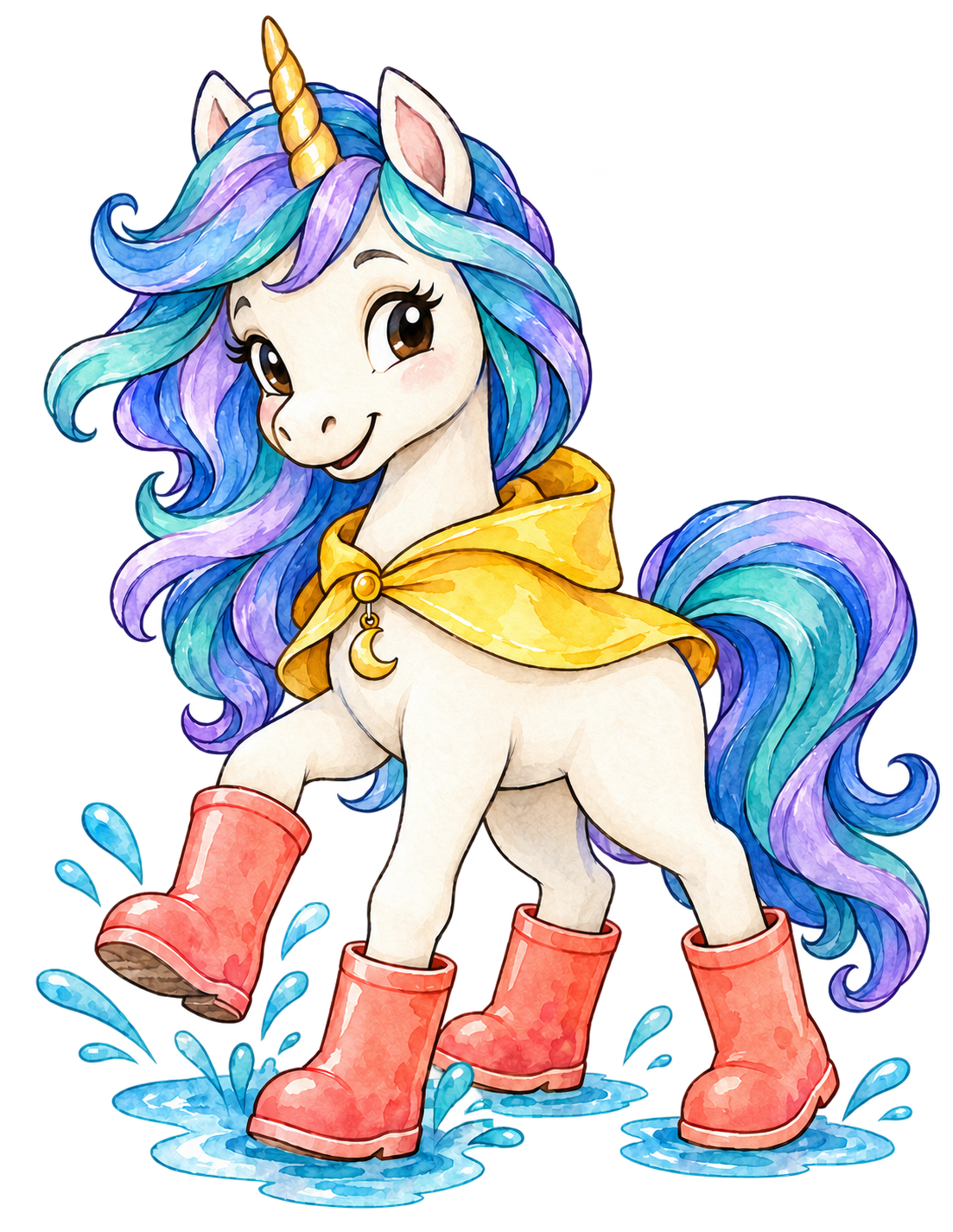 Full-color Luna wearing coral rain boots and a yellow moon cape.